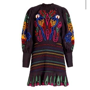 Farm Rio black tapestry dress with beaded parrots 🥝🌼🦜